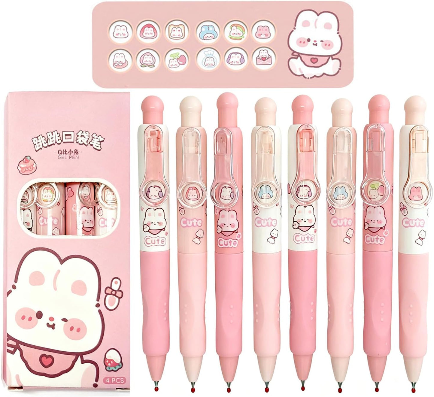 Cute Pink Bunny Mini Gel Pens, Kawaii Rabbit Short Small Pocket Pens, Retractable Click Changeable Images, Tiny Pens Black Ink for Women, Wallet, Notebook, Set of 8PCS, Bunny