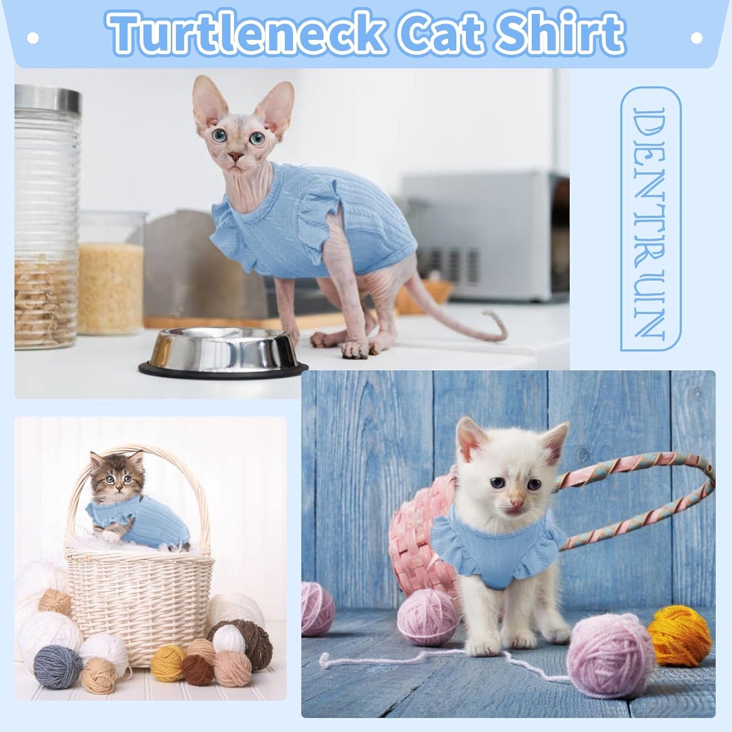 DENTRUN Sphynx Hairless Cats Shirt Pullover Kitten Clothes with Cute Flounced Sleeves Breathable Cat Wear Sweater Jumpsuit Sphynx Outfit Vest Blue XX-Large