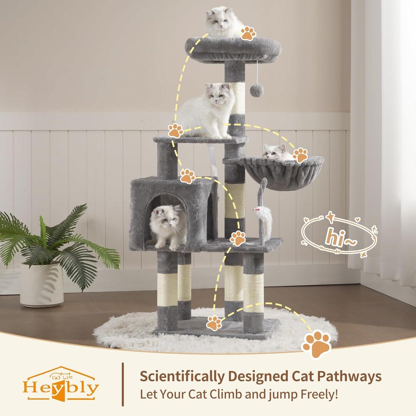 Heybly Cat Tree with Toy, Cat Tower Condo for Indoor Cats, Cat House with Padded Plush Perch, Cozy Hammock and Sisal Scratching Posts, Light Gray HCT004SW