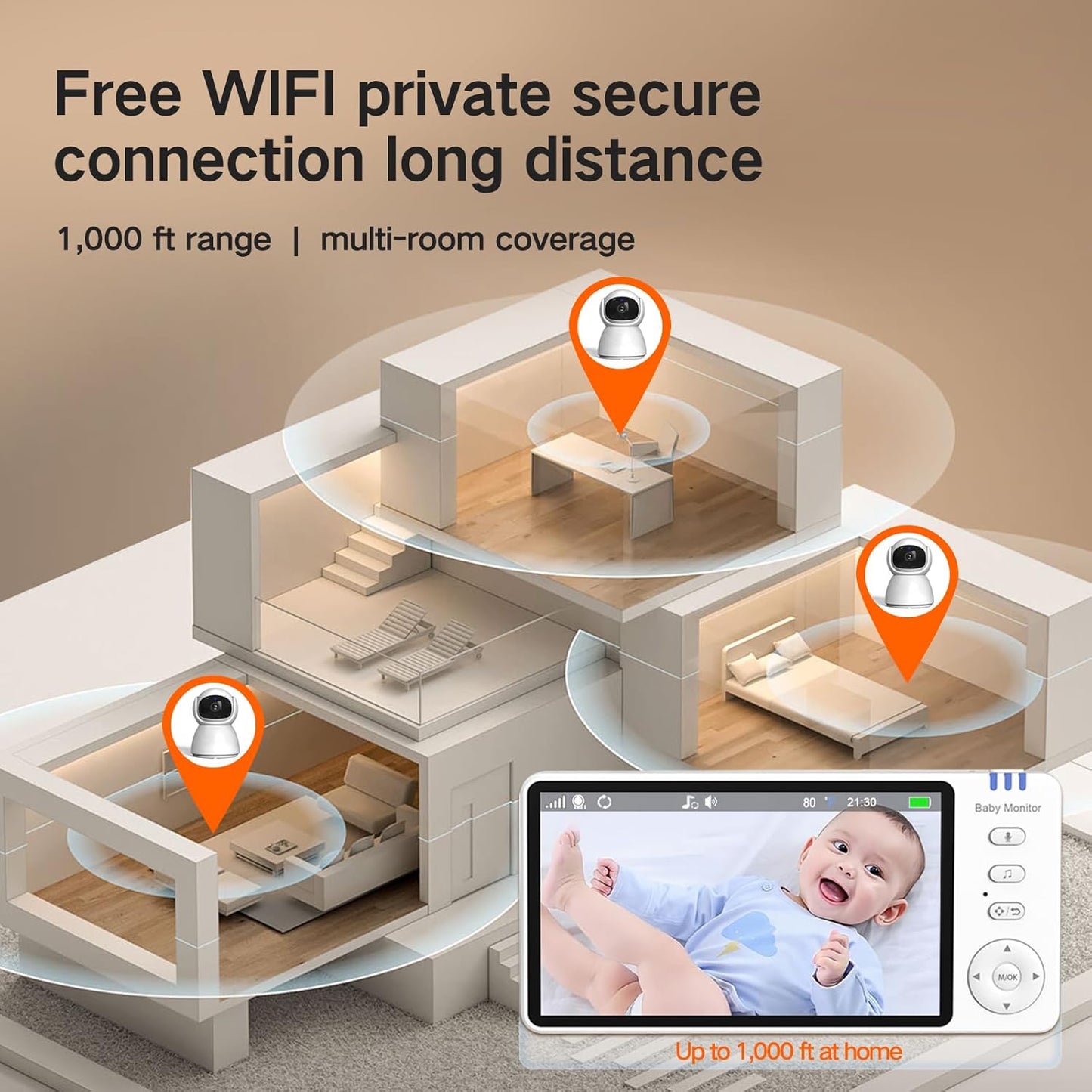 Video Baby Monitor with Camera and Audio,720P 5" HD Wireless No WiFi, 2-Way Talk,Voice Motion Detection, 8 Lullabies, 1000ft Long Range, Night Vision, Temperature & Feeding Alarm, 355° PTZ