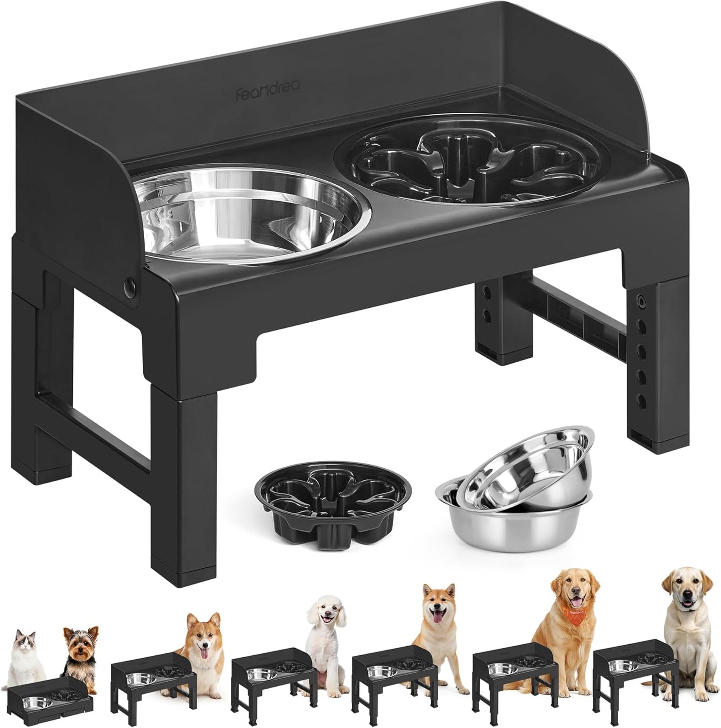 Feandrea Dog Bowls Elevated, Raised Stand with 1 Slow Feeder and Two 304 Stainless Steel Bowls, Adjustable Height and Tilted Design, Ink Black UPRB103B01