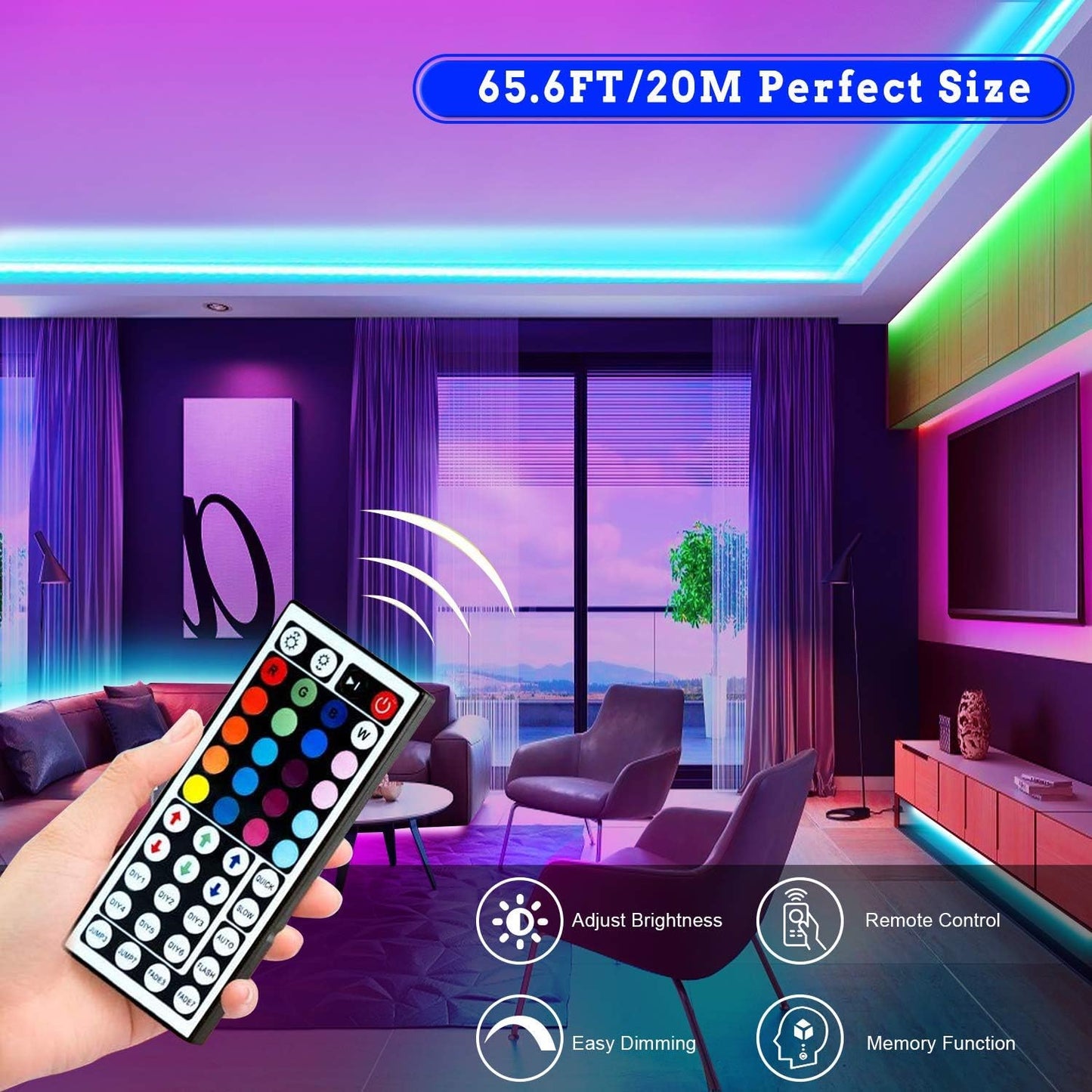 Tenmiro 65.6ft Led Strip Lights, Ultra Long RGB Color Changing LED Light Strips Kit with 44 Keys Ir Remote Led Lights for Bedroom, Kitchen, Home Decoration