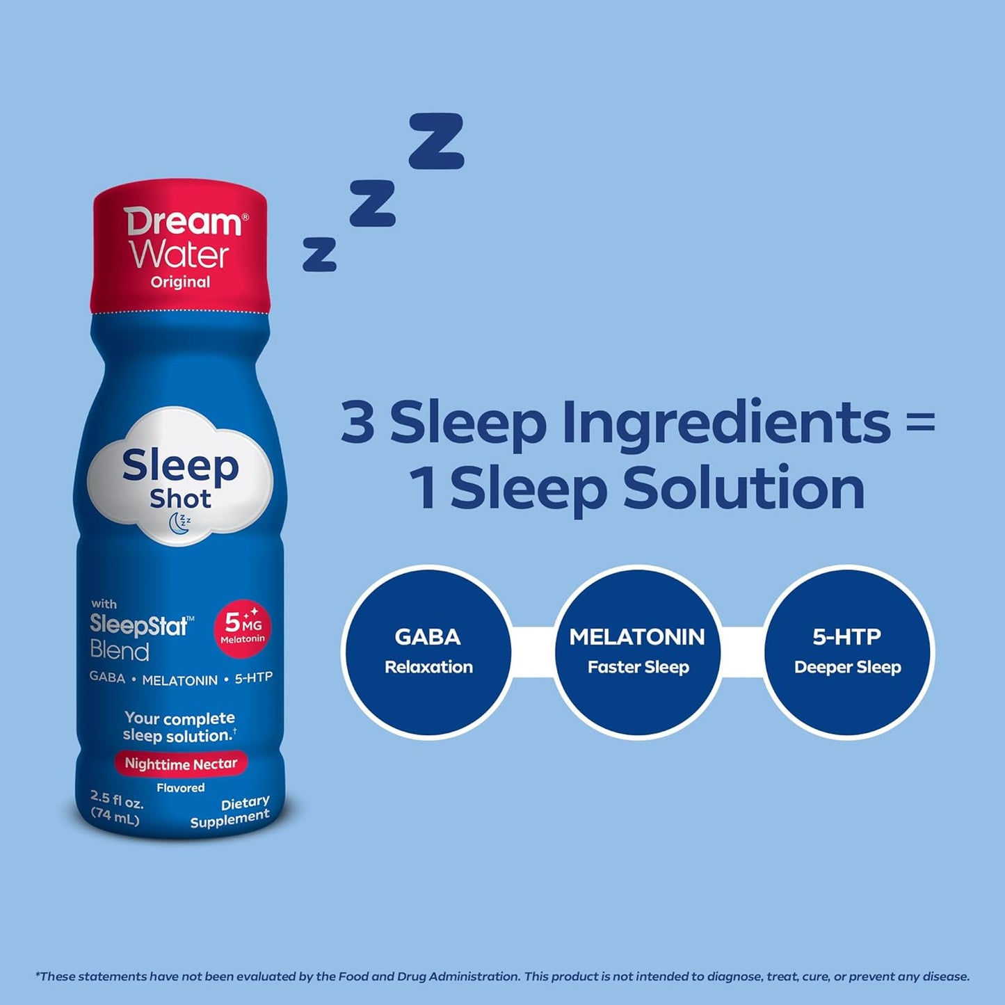 Dream Water Sleep Aid Supplement Drink; Melatonin 5mg, GABA, 5-HTP; Zero sugar, Natural flavors, No added colors, 2.5 oz liquid sleep shots, Nighttime Nectar, 24-Count