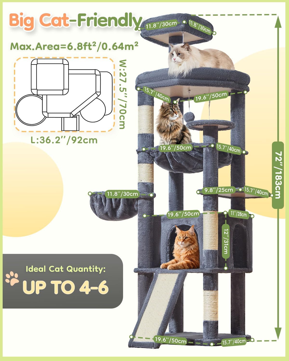 Taoqimiao 72 Inches Cat Tree for Large Cats, Multi-Level Tall Cat Tower, Widened Cat Condo with Large Scratch Board, 5 Scratching Posts, Metal Hammcock, Cozy Basket, Smoky Gray, MS045G