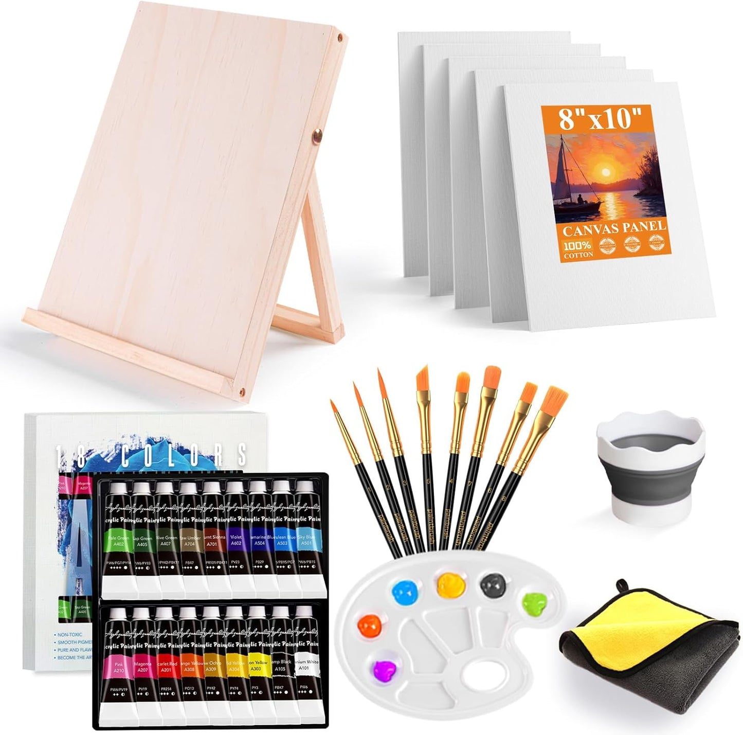 Whalsure Paint Set, Acrylic Paint Set for Kids & Adults - Painting Supplies with 18 Acrylic Paints, 8 Painting Brushes, 5 Canvas Panels, etc