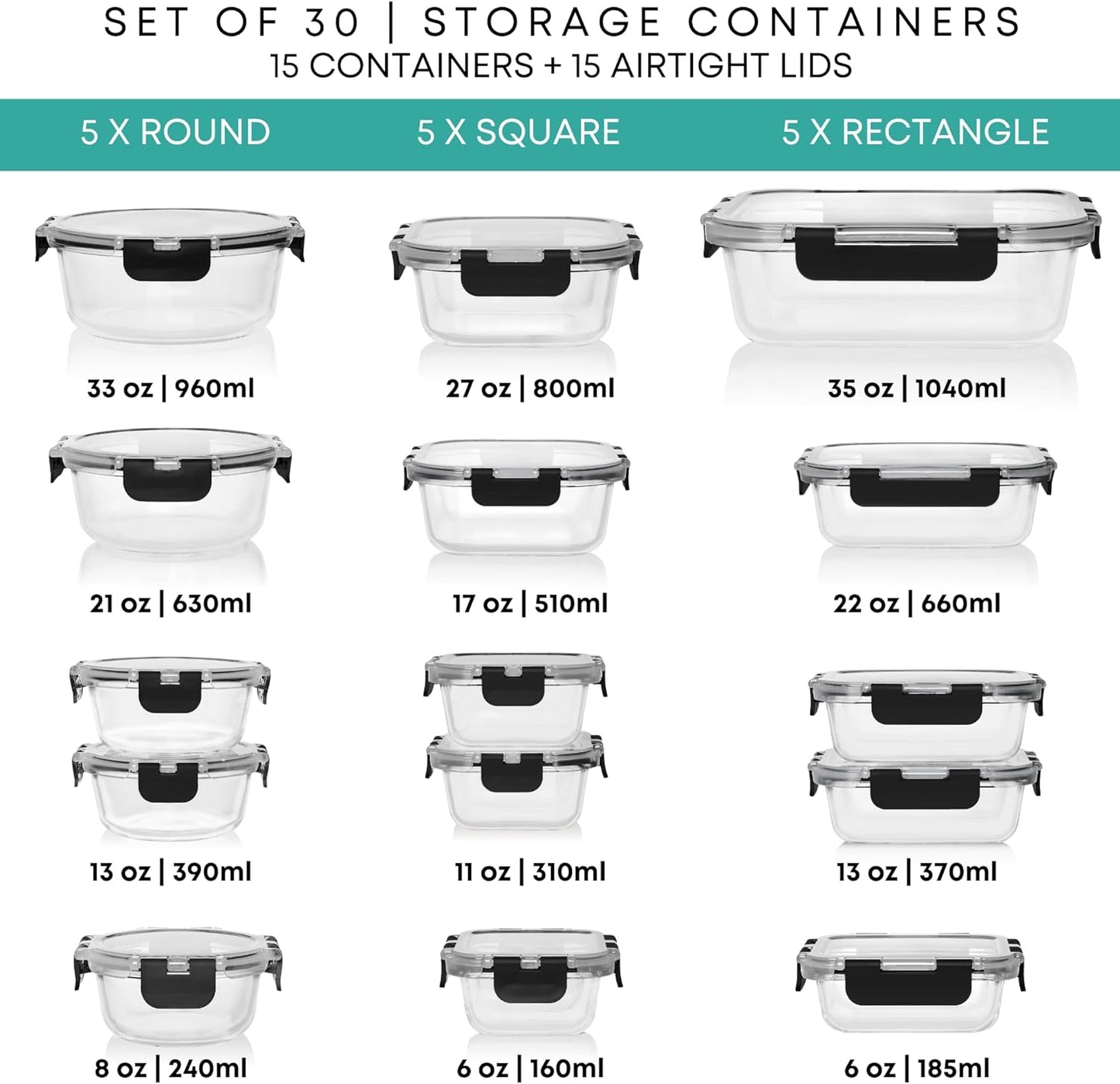 Razab 30 PC Glass Food Storage Containers with Lids - Reusable Glass Meal Prep Containers for Lunch and Leftovers - Airtight & Leakproof Snap Locking Lids - Oven, Freezer, Microwave, Dishwasher Safe