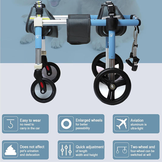 4 Wheel Dog Wheel Chair Leg Brace Adjustable, Back Leg Dog Wheelchair, Dog Wheel Chair for Front Legs, Full Support Mobility Aid for Dog Hip Support for Mall Medium Large Pet(Blue,XL)