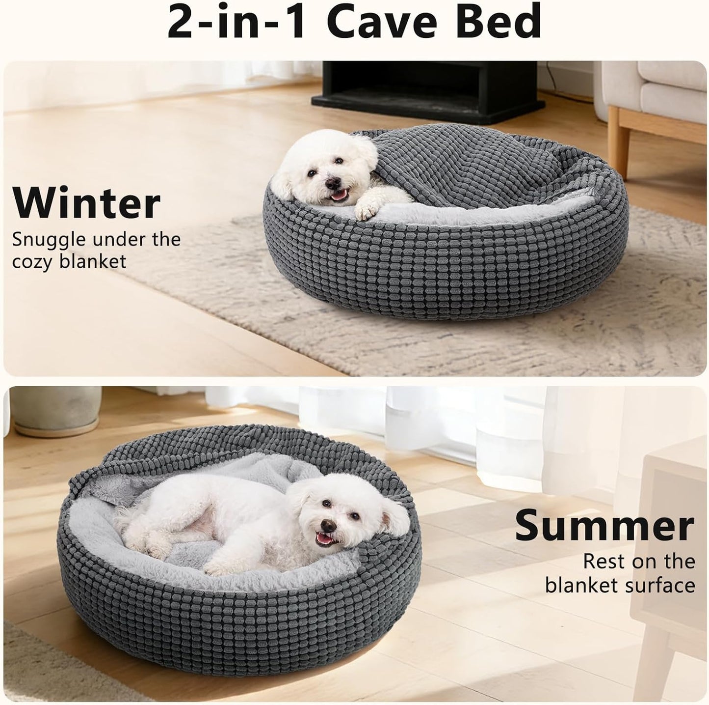 SIWA MARY Dog Bed with Attached Blanket for Small Dogs or Cats, Soft Plush Cozy Donut Cuddler Hooded Pet Beds Washable. Round Puppy Bed Orthopedic, Calming Cat Cave Bed. Anti-Slip Bottom 26inch