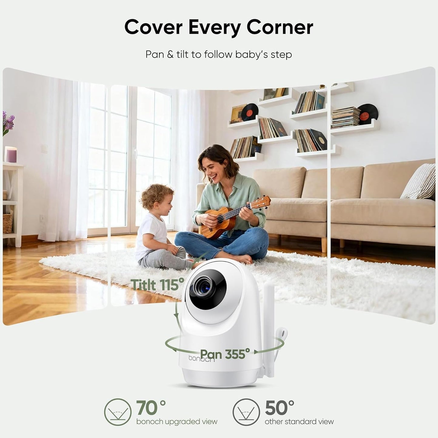 bonoch Upgraded 1080P Baby Monitor with 2 Cameras, 7" MegaView Split Screen Baby Monitor No WiFi, Dual Video Monitor with Camera and Audio, 6000mAh, White Noise, 2 Way Audio, PTZ, Night Vision
