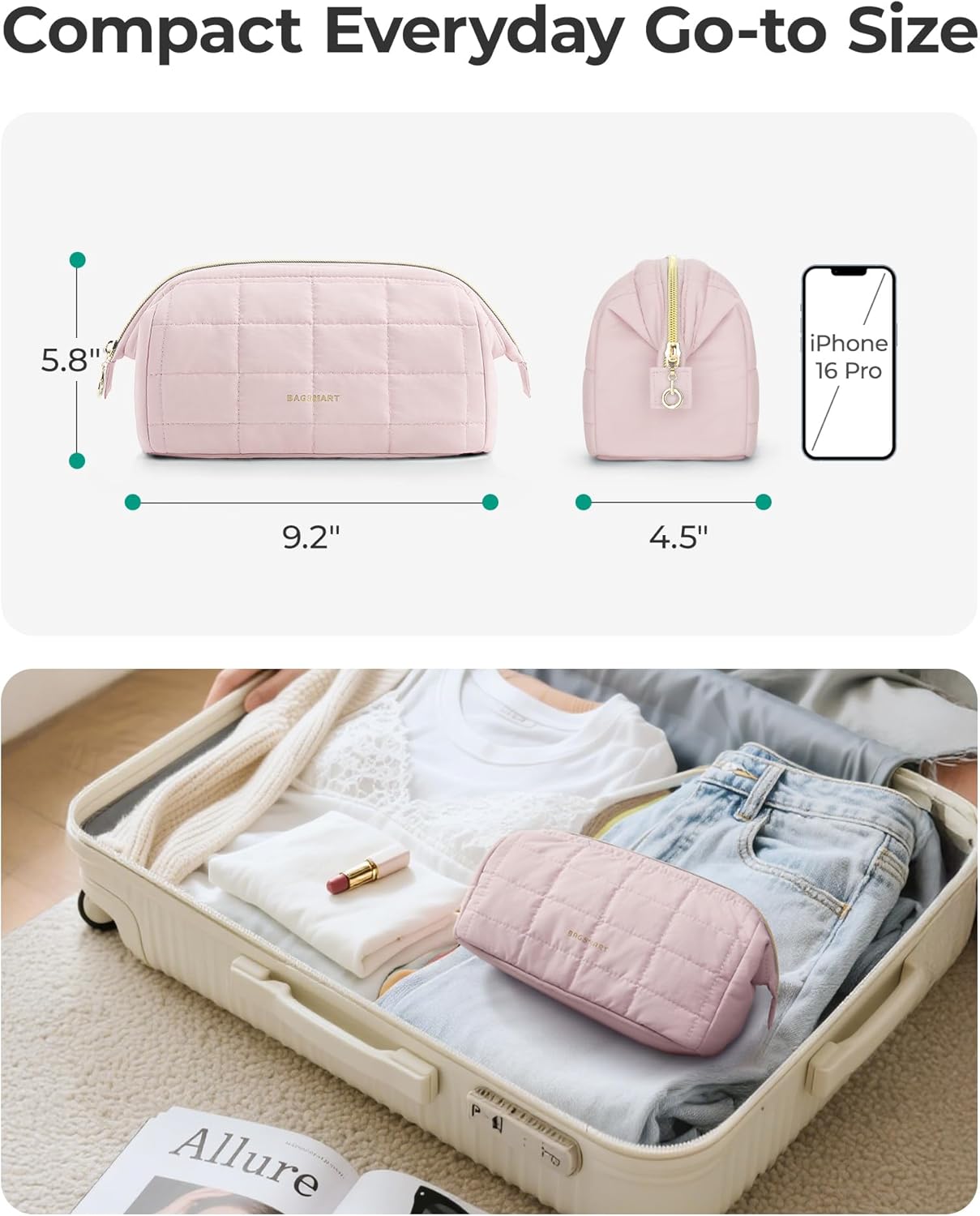 BAGSMART Makeup Bag Travel Toiletry Bag, Puffy Padded Make Up Bags for Women Makeup Organizer Case, Wide-open Pouch Purse Travel Essentials Toiletries Accessories Brushes, Pink