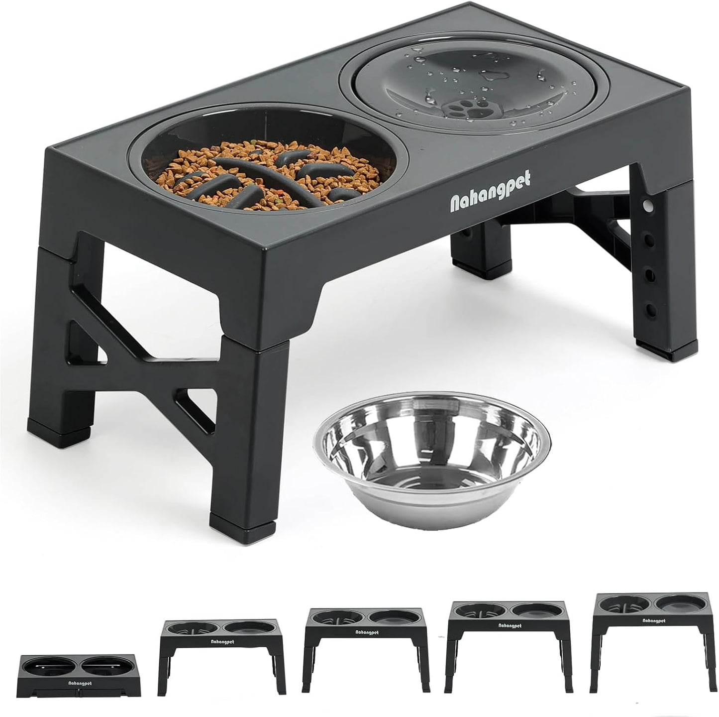 3-in-1 Elevated Slow Feeder Dog Bowls for Food and Water, 5 Heights Adjustable Raised Dog Bowls, Non-Slip, No Spill, for Small Medium Large Dogs and Cats(Grey)