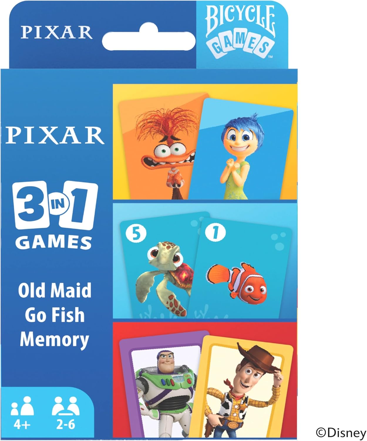 Bicycle Disney and Pixar 3-in-1 Card Games, Old Maid, Go Fish & Memory, Featuring Toy Story, Finding Nemo & Inside Out Characters, Kids Card Games Ages 4+, Family Games for 2-6 Players