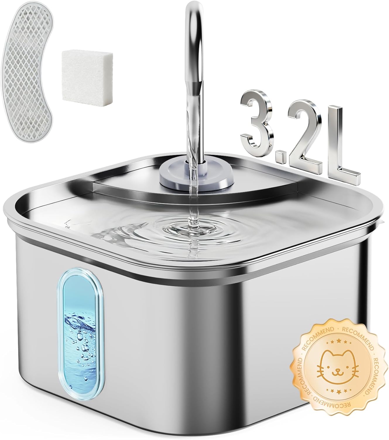 Cat Water Fountain Stainless Steel, 108oz/3.2L Quiet Automatic Cat Fountain for Drinking, Safe Auto Shut-Off, Large Square Pet Water Dispenser for Dogs Indoor with 1 Replacement Filter