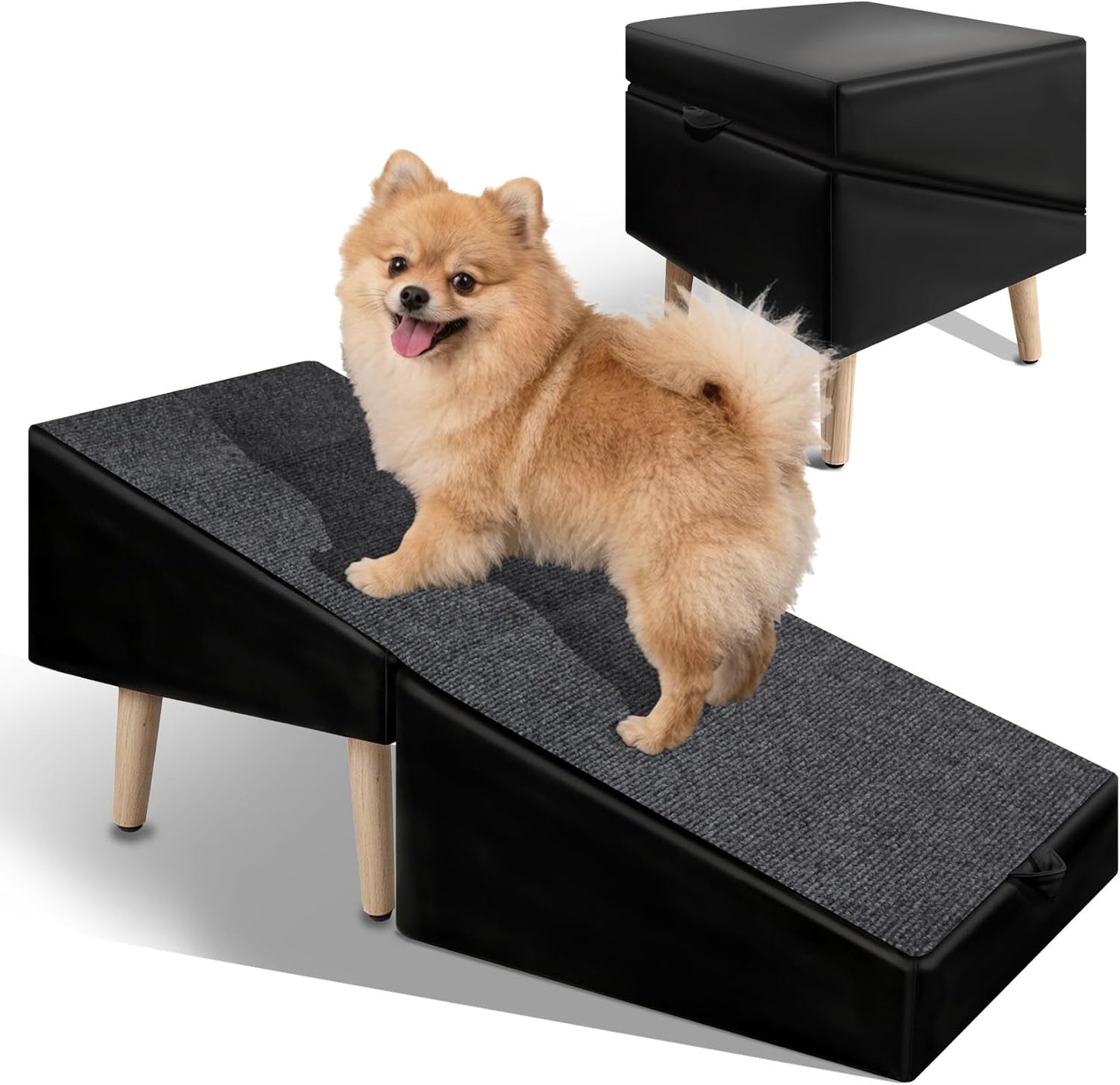 Split Ottoman Dogs Ramp, Dog Ramp for Couch and Bed, Dog Stairs for Small Dogs and Cats, 2-in-1 Foldable Wooden Pet Stairs and Ottoman, Non-Slip Fabric Surface Ramp for Couch and Bed Black XXXL