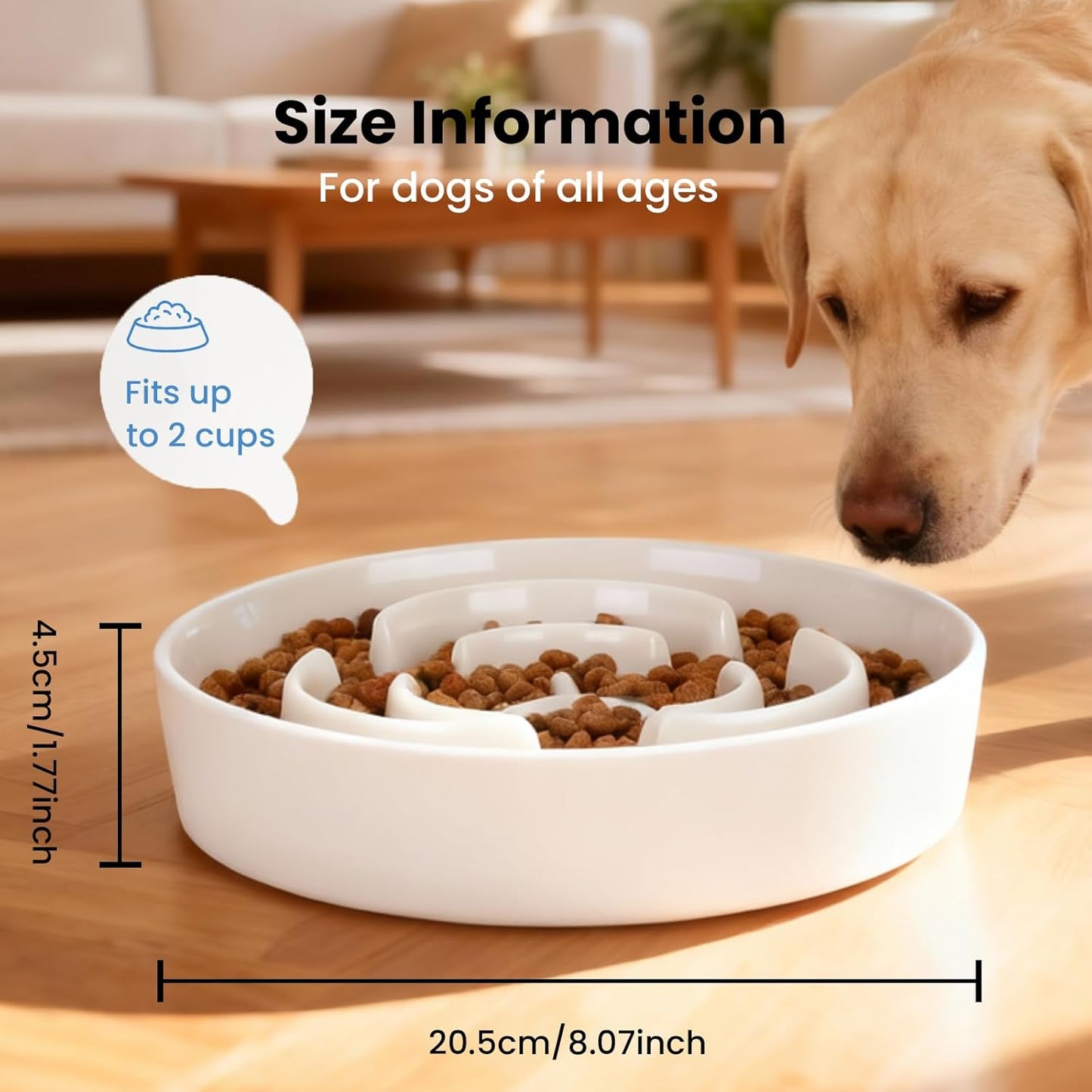 Ceramic Slow Feeder Dog Bowls,2.0 Cups Slow Feeder for Medium Large Breed,Puzzle Dog Food Bowl to Slow Down Eating, Anti-Gulping, Stop Bloat,Preventing Choking,8in,White