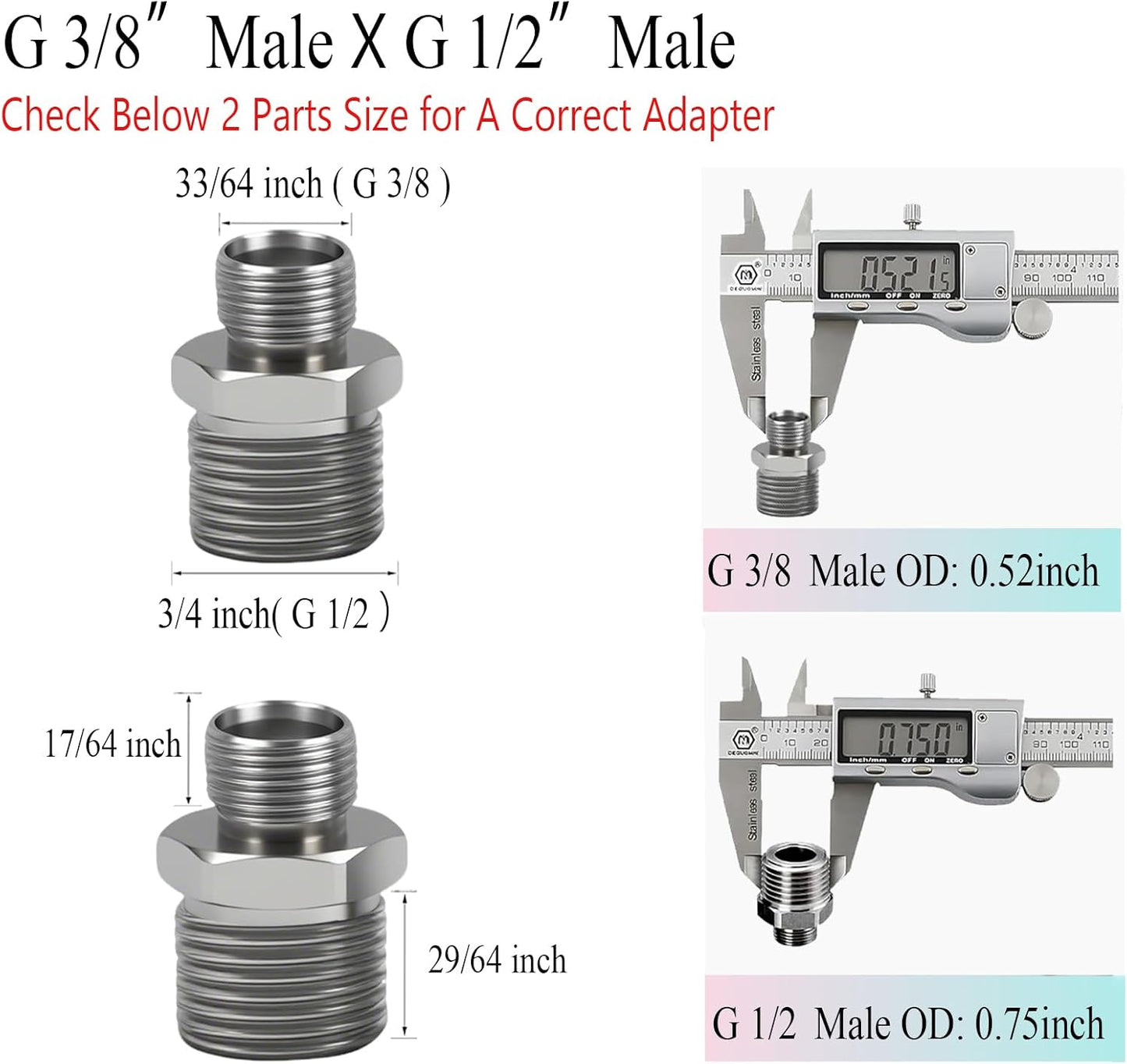 1/2 to 3/8 Water Line Adapter, Brass Compression reducer faucet fitting, 3/8 Male to 1/2 Male Water Hose Adapter for RV Kitchen, Pipe Connector with Teflon Tape and Filter gasket (2-Pack)