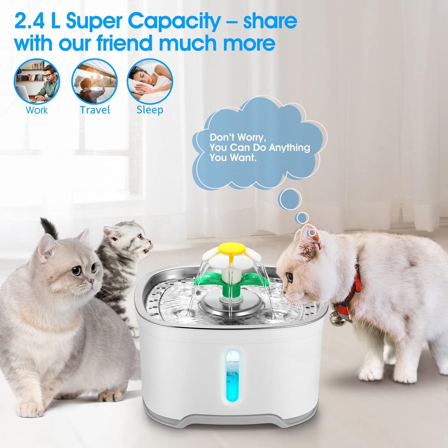 Stainless Steel Pet Water Fountain with Adapter, Upgraded Version 84oz/2.5L Automatic Cat Water Fountain Dog Water Dispenser with Ultra-Quiet Pump for Cats, Dogs, Birds, Multiple Pets (Gray)