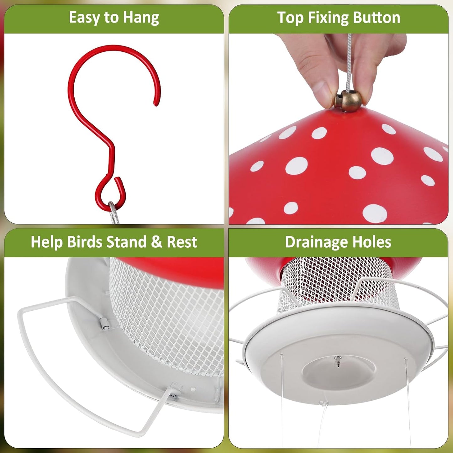 Bird Feeder, Heavy Duty Metal Bird Feeders for Outdoor Hanging, Cute Mushroom Shape Wild Birdfeeder for Outside Garden Yard (Red)