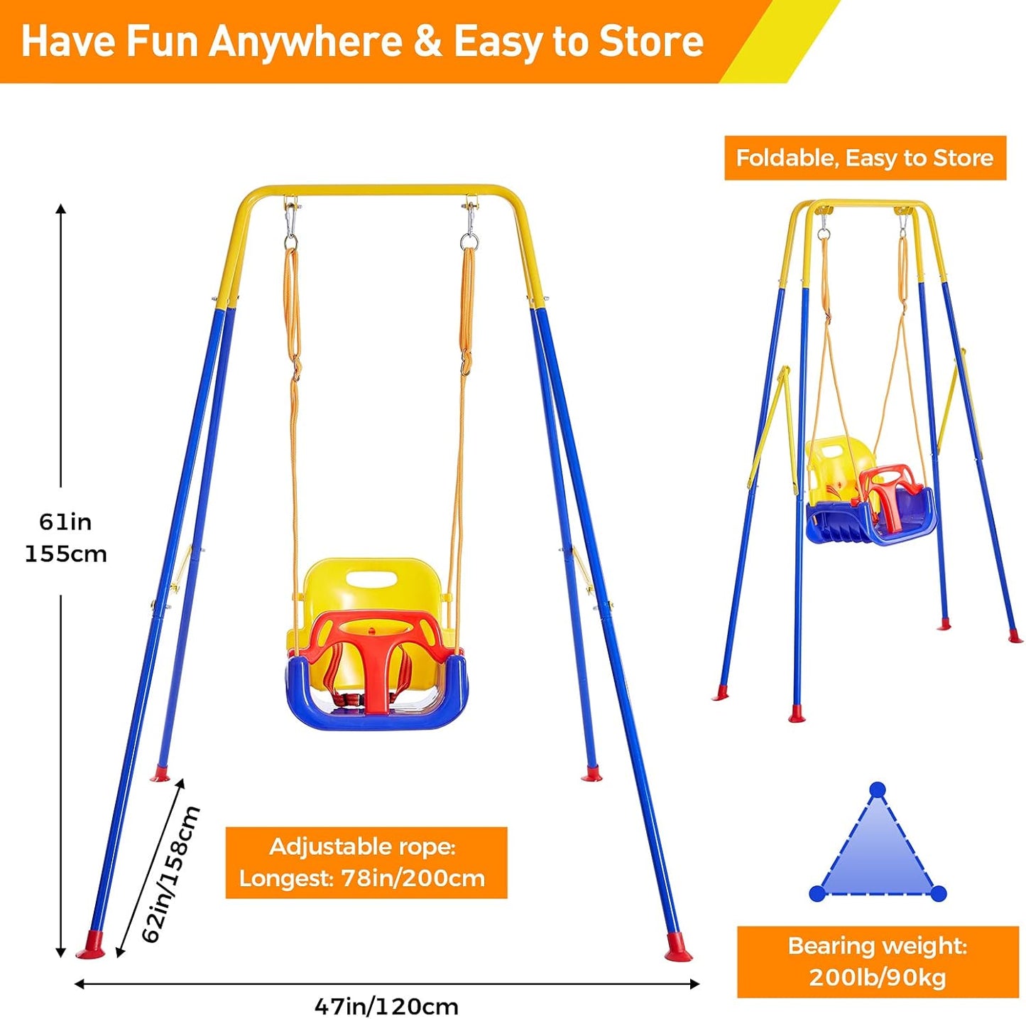 FUNLIO Toddler Swing with Foldable Metal Stand for Toddlers Aged 1~10 Years, 3-in-1 Baby Swing Set with 4 Sandbags for Backyard/Indoor/Outdoor Play, Easy to Assemble & Store