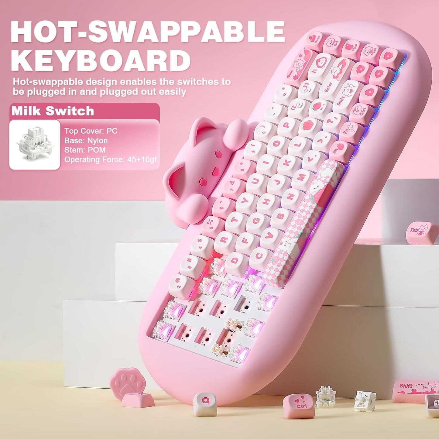 YUNZII C68 Wireless Mechanical Keyboard,65% Layout,Hot Swap,Triple Mode BT5.0/2.4G/Wired, RGB Backlit NKRO,Cute Cat Silicone Ergonomic Design for Win/Mac (Pink, Milk Switch)