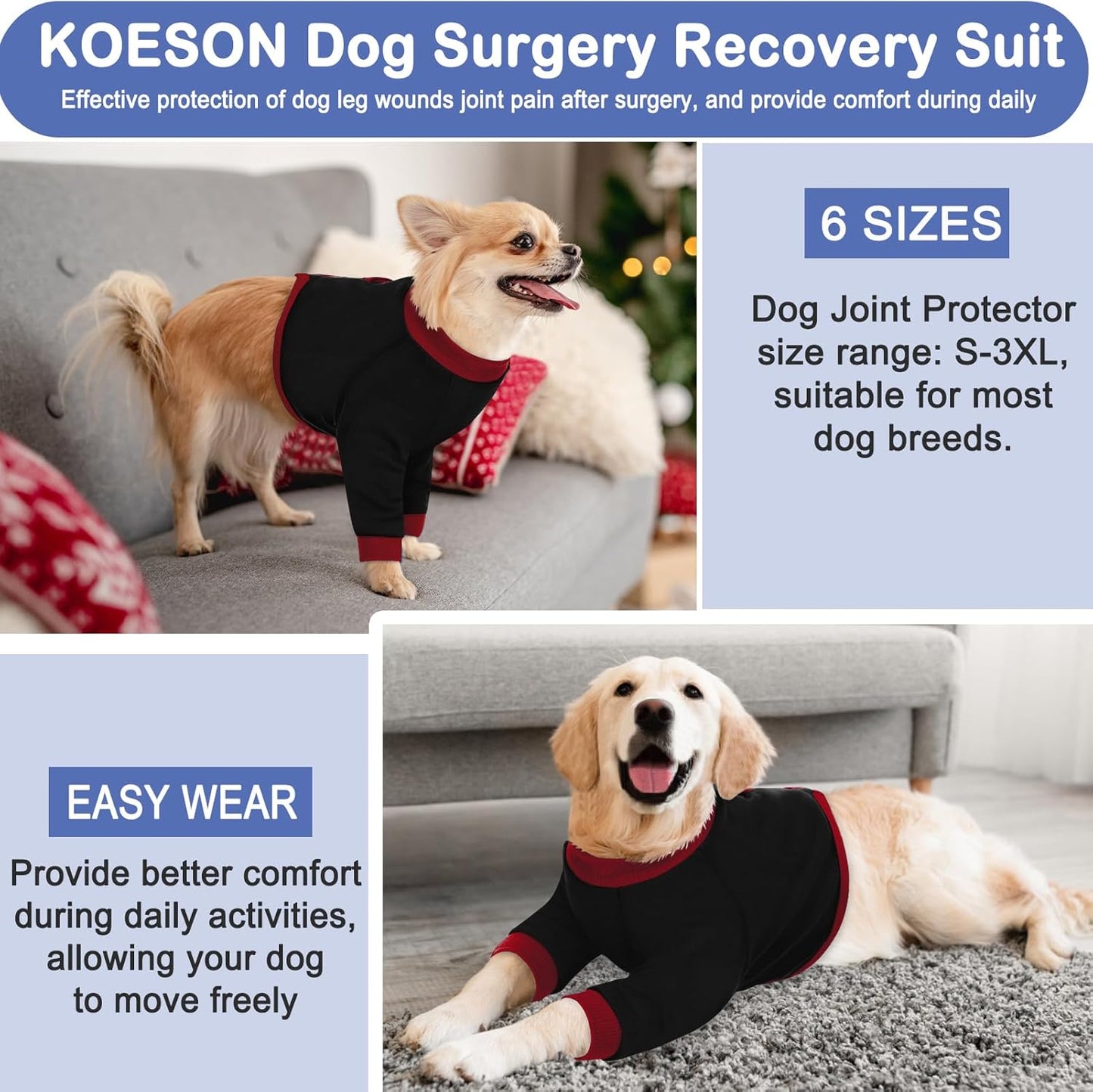 KOESON Dog Recovery Sleeve for Front Legs, Soft Pet Recovery Suit After Surgery, Adjustable Dog Leg Elbow Protector, Pet Wound Care Shirt to Stop Licking, E-Collar Cone Alternative, Black 2XL