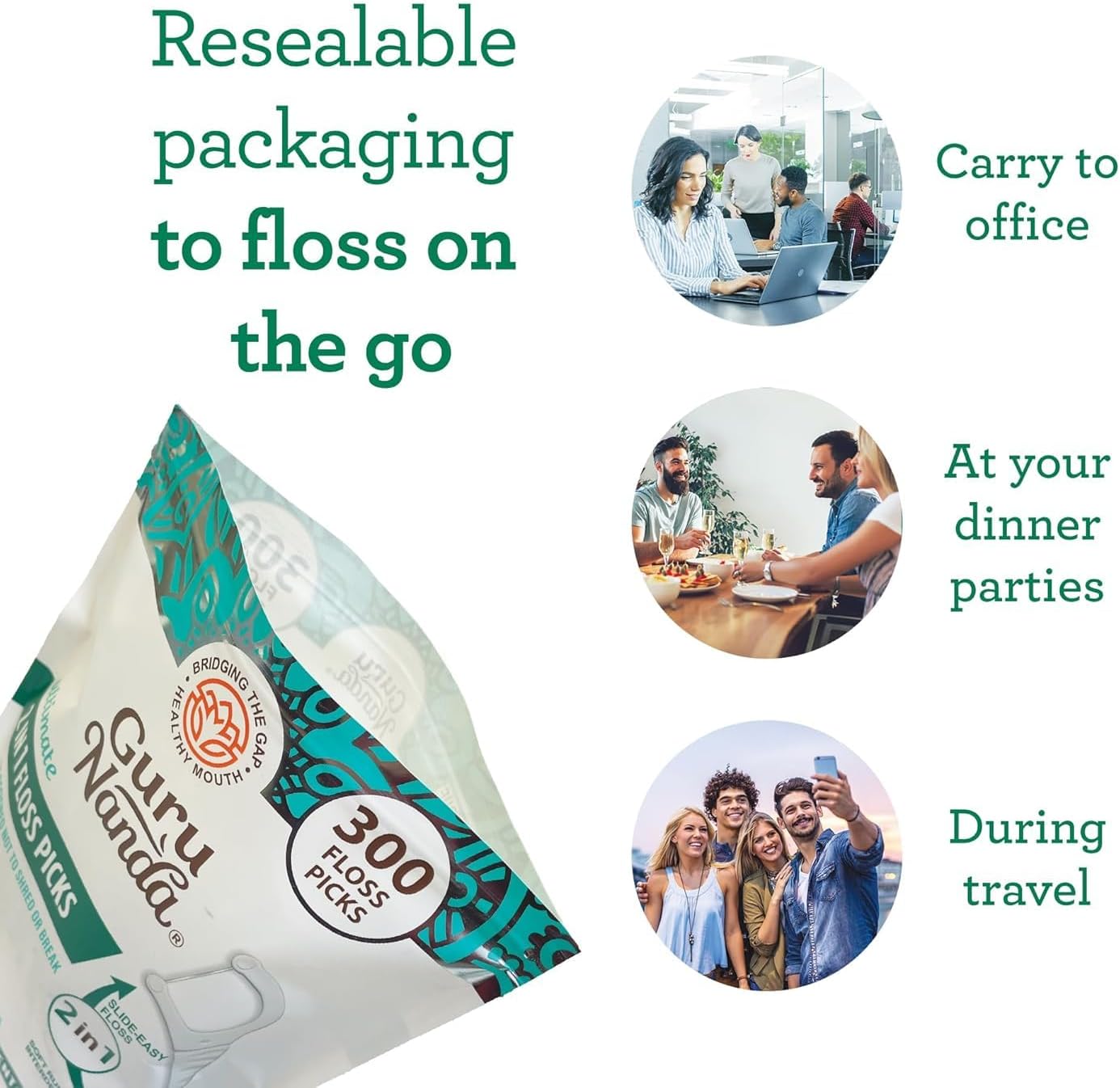 GuruNanda 2 in 1 Dental Floss Picks for Oral Care, PFAS Free – Non-Slip Grip, Slide Easy, No Break or Shred Flosser with Interdental Pick for Healthy Teeth & Gums – Mint Flavor, 300 Count (1 Pack)