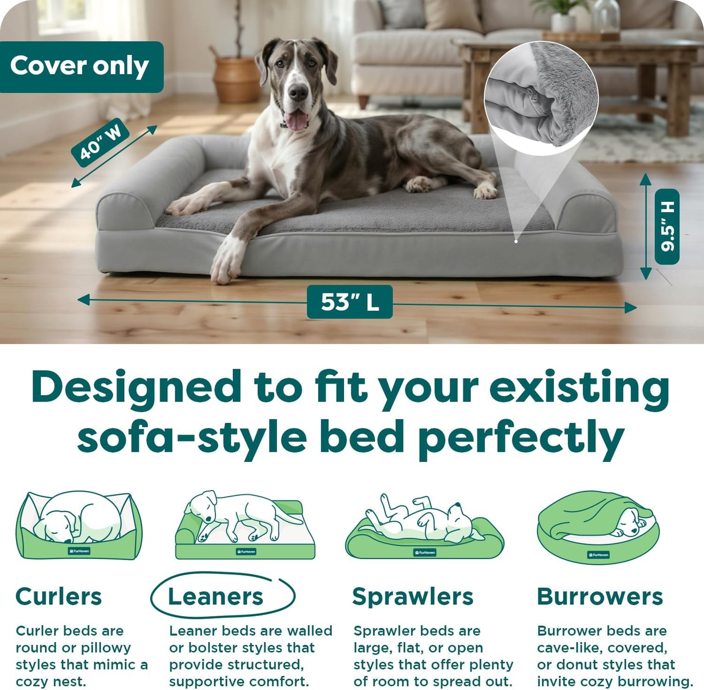 FurHaven Replacement Dog Bed Cover, Sofa-Style Design with Ultra-Plush Sleep Surface for Protecting Pet Mattresses, Zippered & Machine Washable, Jumbo Plus XXL, Plush & Suede, Gray