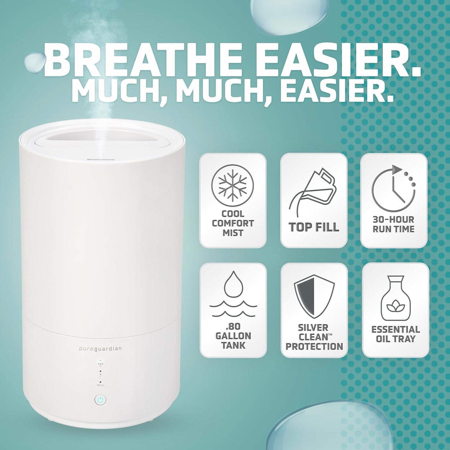PureGuardian 30-Hour 0.80 Gal. Top Fill Cool Mist Ultrasonic Humidifier for Home with Aromatherapy Tray, Covers 320 Sq. Ft, White, H950AR