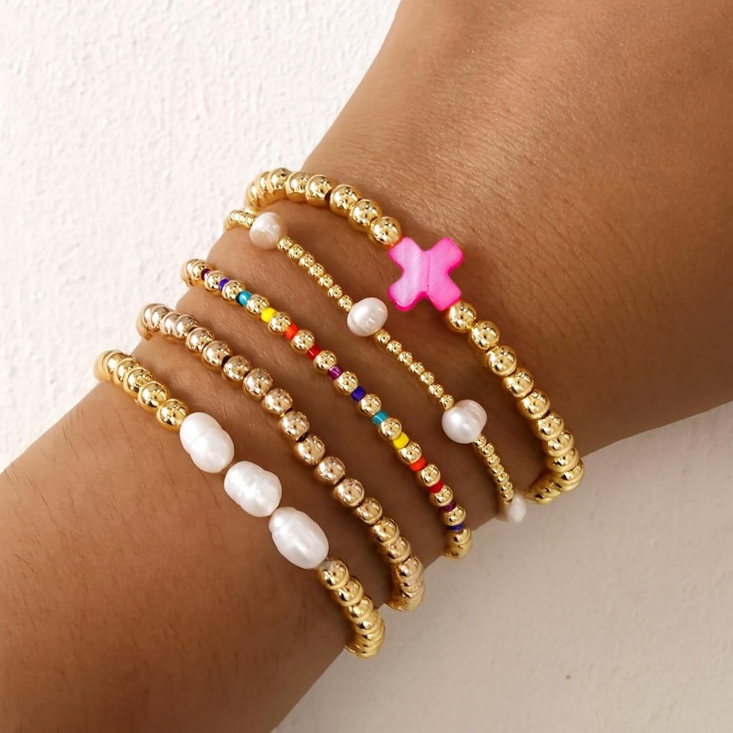14K Gold Pearl Beaded Cross Bracelets Stack Set for Women,Stretch Boho Colorful Christian Beads Ball Jewelry Trendy Gift