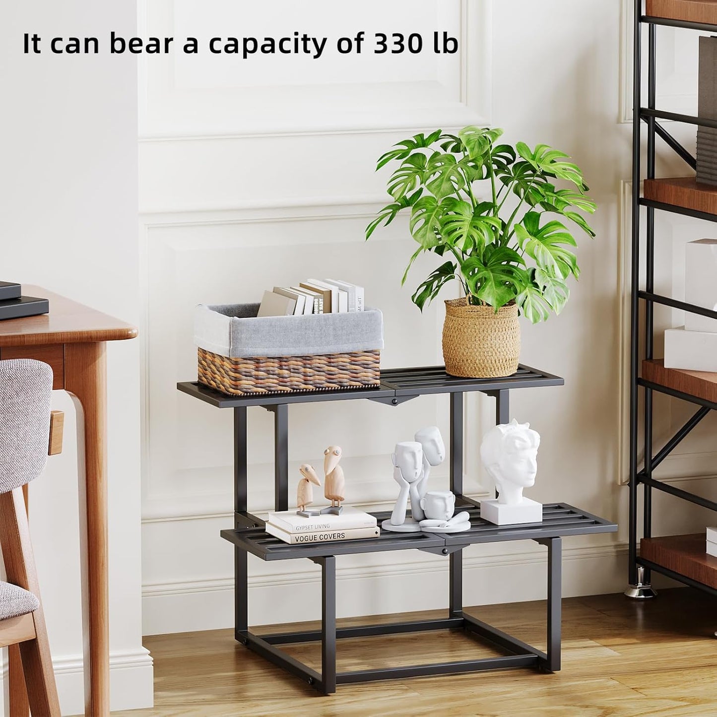 Plant Stand Indoor Outdoor, Foldable Metal Plant Shelf for Multiple Pots, Mid Century Slatted Bench for Patio Garden, Heavy Duty Capacity 330 lbs 2 Tier Black
