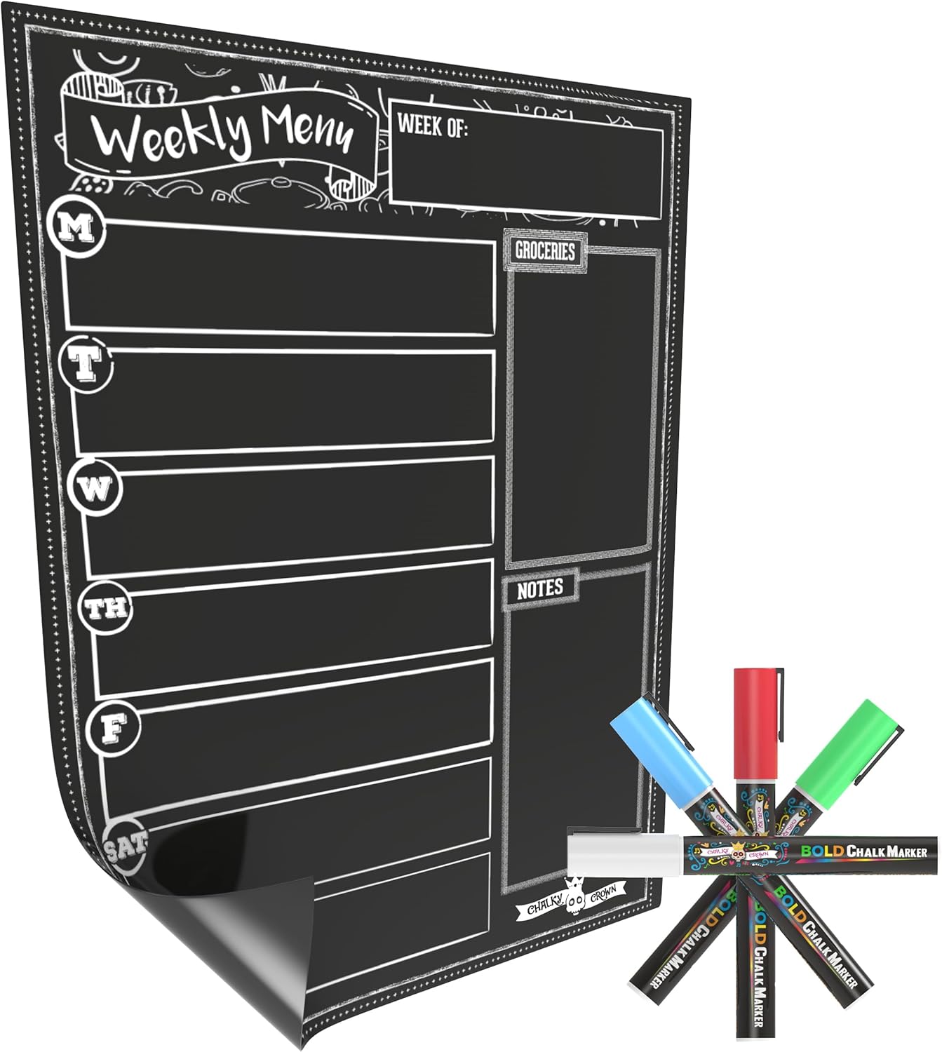 CHALKY CROWN Magnetic Dry Erase Menu Board for Fridge Includes 4 Liquid Chalk Markers - Weekly Meal Planner Blackboard, Grocery List & Notepad for Kitchen Refrigerator - Chalkboard Magnet 15.6" x11.6
