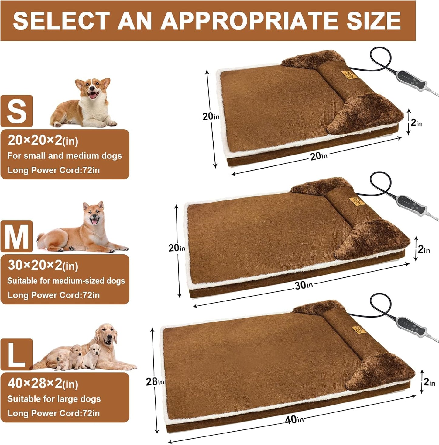 Heated Dog Bed, 30×20 Inch Memory Foam Pet Bed, Orthopedic Dog Bed with Timing Nine Gears Smart Switch for Small and Medium Dogs Soft, Removable Cotton Sleeve