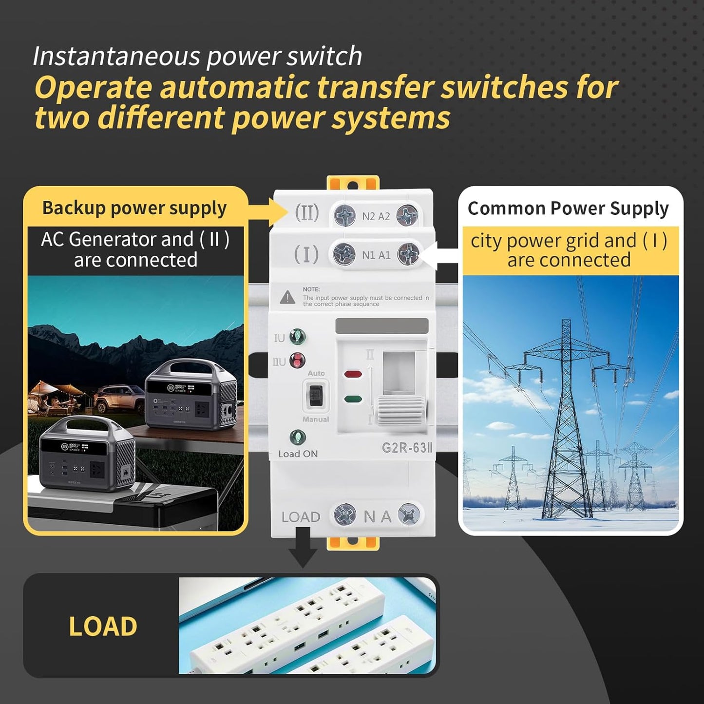 Mini ATS AC Automatic/Manual Transfer Switch 2P 63A 110V, ATS Manual Transfer for Uninterruptible Power Supply Home, Dual Auto Power Electrical Selector Switch DIN Rail Mount（G2R 2P 63A AC110V）