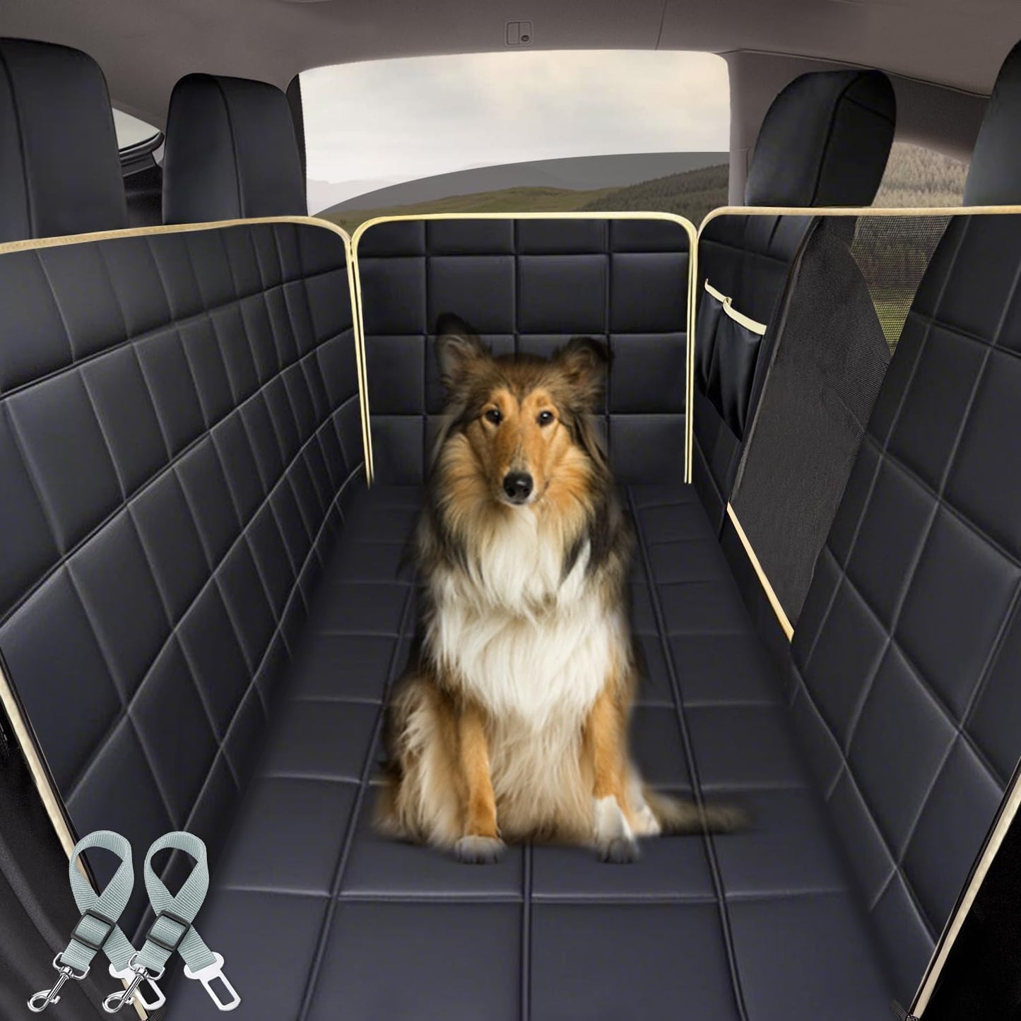 Lassie Dog Hammock for Car, Compatible with 2020-2026 Tesla Model Y Dog Seat Covers,Dog Car Seat Cover for Back Seat with 4 Headrests and 2 Seat Belts, 100% Waterproof Pet Seat Protector for Dogs