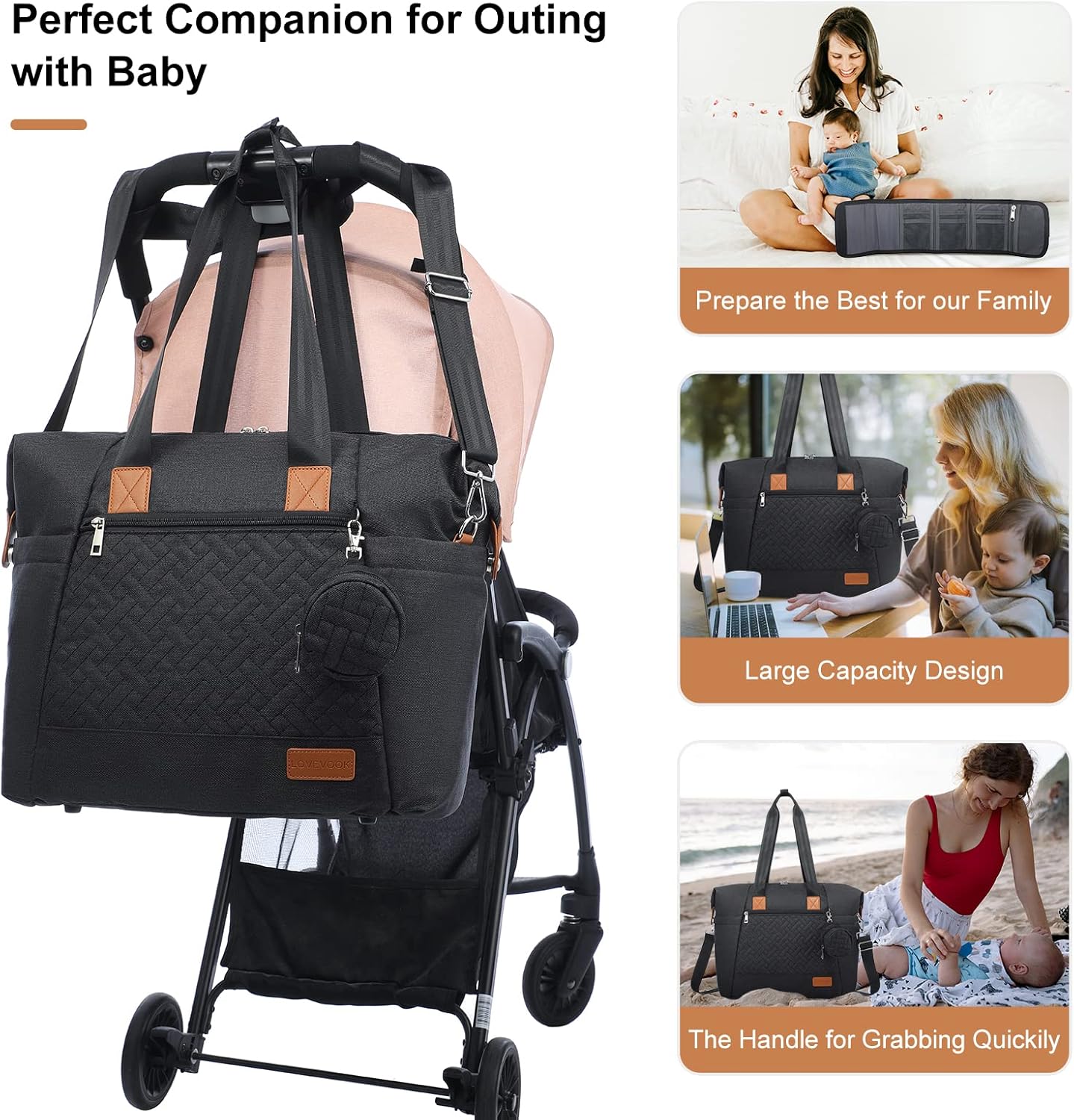 LOVEVOOK Diaper Bag Tote, Large Baby Diaper Bag Waterproof Travel Diaper Tote with Changing Pad