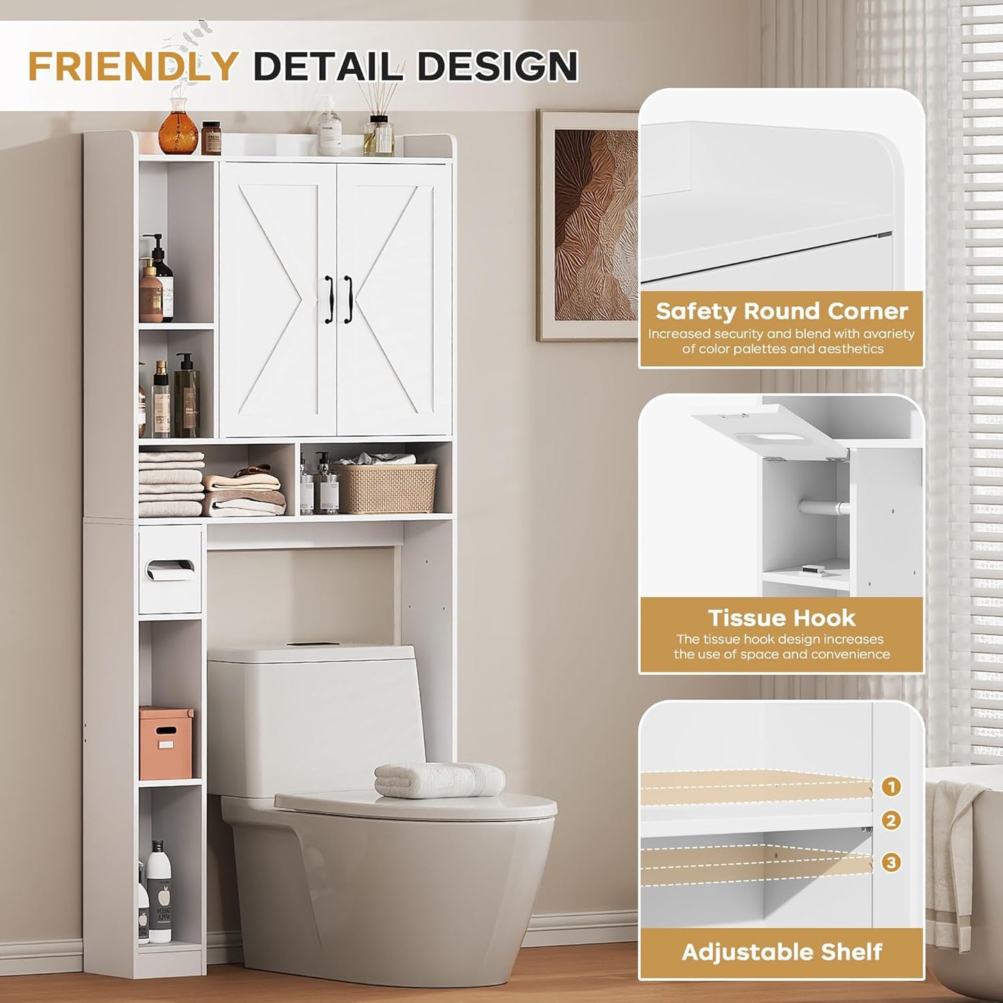 Over the Toilet Storage Cabinet, 31”W Bathroom Organizer with Double Doors, Above Toilet Rack, Detachable Toilet Paper Holder for Bathroom & Laundry Room White