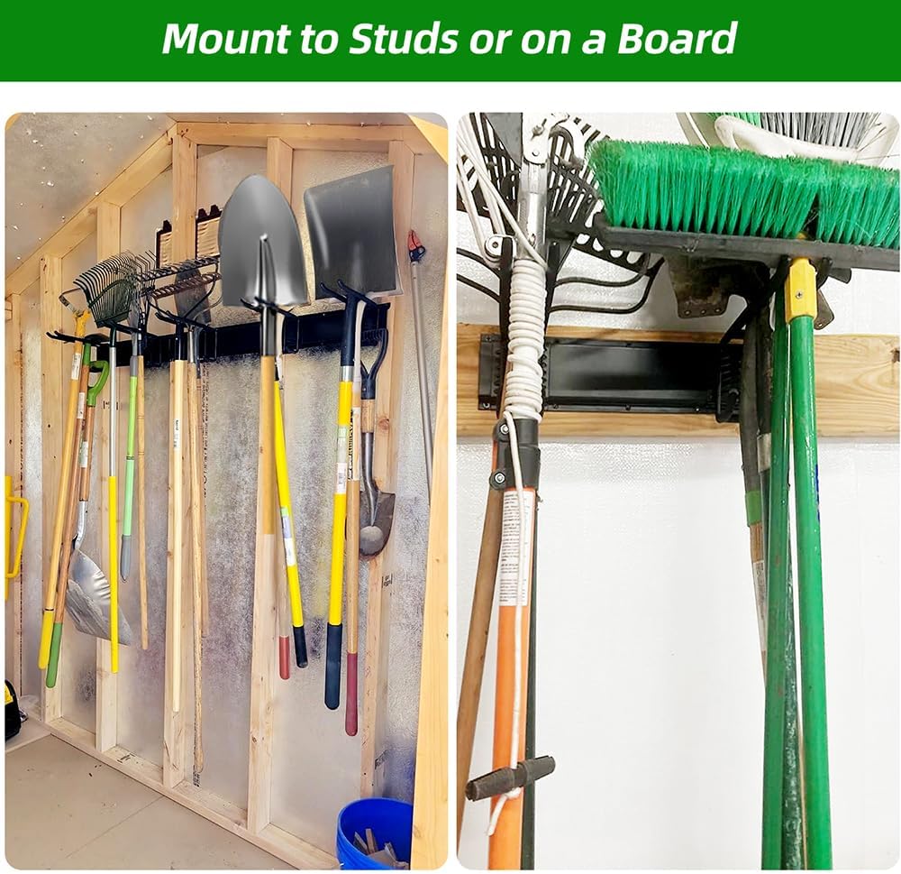 Garage Tool Organizer Wall Mount with 48 inches Rails and 6 Double-layer Hooks, Garden Tool Rack Heavy Duty, Garage Hanging Storage Rack For Yard Tools, Shovel, Shed