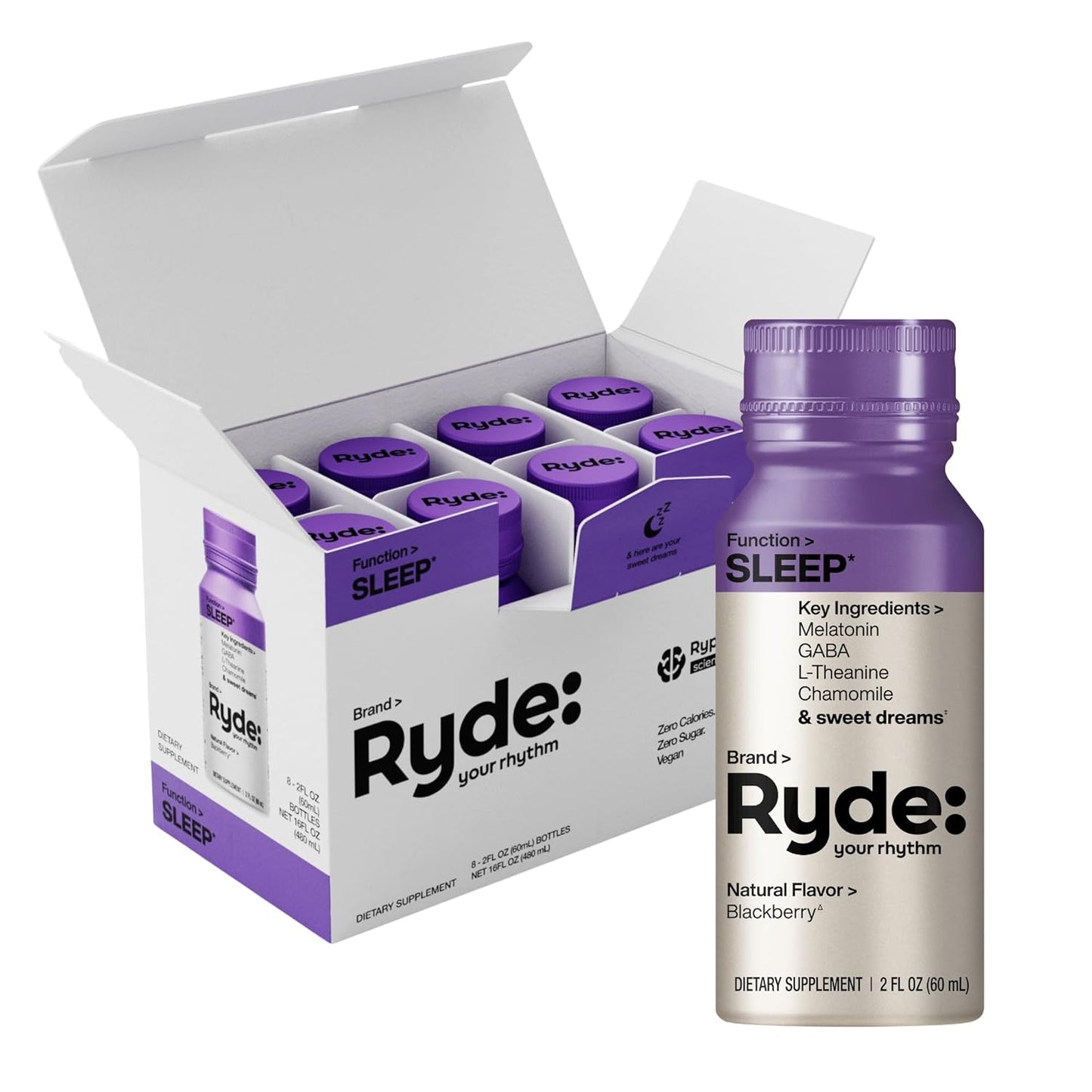 Ryde: SLEEP | 2oz Sleep Shot for Occasional Use | Melatonin, GABA, L-Theanine & Chamomile | Blackberry Natural Flavor | Sugar-Free, Zero Calories, Vegan | Manufactured in USA (8 Pack)