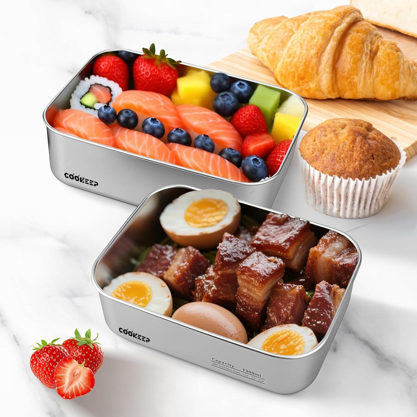 3 pcs Stainless steel food storage containers With lids，metal food storage containers with lids， lunch box，Easy Clean,Airtight & Leakproof for kitchen storage，Dishwasher safe (22oz+44oz+77oz)