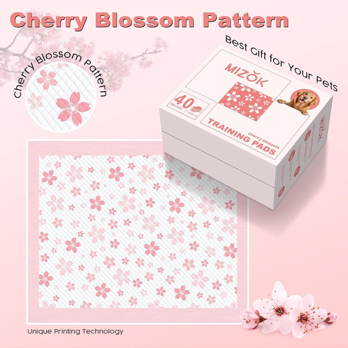 MIZOK Dog Pee Pads Extra Large 28"x34", Potty Pads for Big Dog Breeds, Super Absorbent & Leak-Proof, Pink Cherry Blossom Prints, Thick & Heavy, 4 Adhesive Tabs, XL (40 Counts)