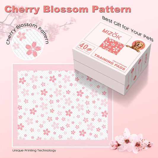 MIZOK Dog Pee Pads Extra Large 28"x34", Potty Pads for Big Dog Breeds, Super Absorbent & Leak-Proof, Pink Cherry Blossom Prints, Thick & Heavy, 4 Adhesive Tabs, XL (40 Counts)