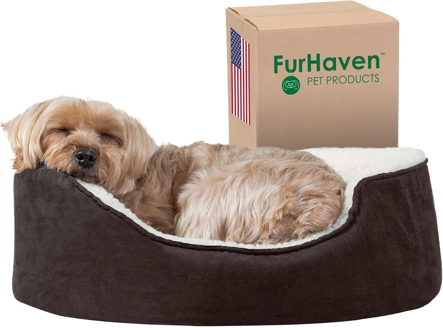 Furhaven Orthopedic Dog Bed for Small Dogs w/ Removable Washable Cover, For Dogs Up to 12 lbs - Sherpa & Suede Oval Lounger - Espresso, Small