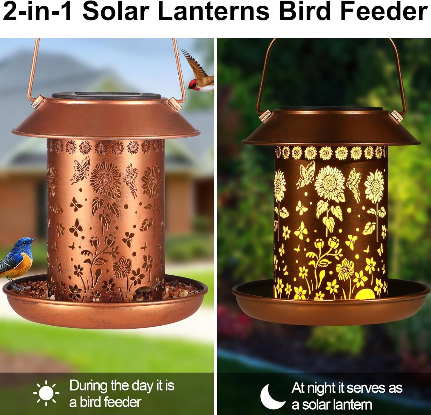 Sunflower Solar Bird Feeder for Outdoors Hanging Solar Lanterns Waterproof Metal Wild Bird Feeders Garden Outside Yard Decor Christmas Birthday Gifts for Women Mom (Butterfly