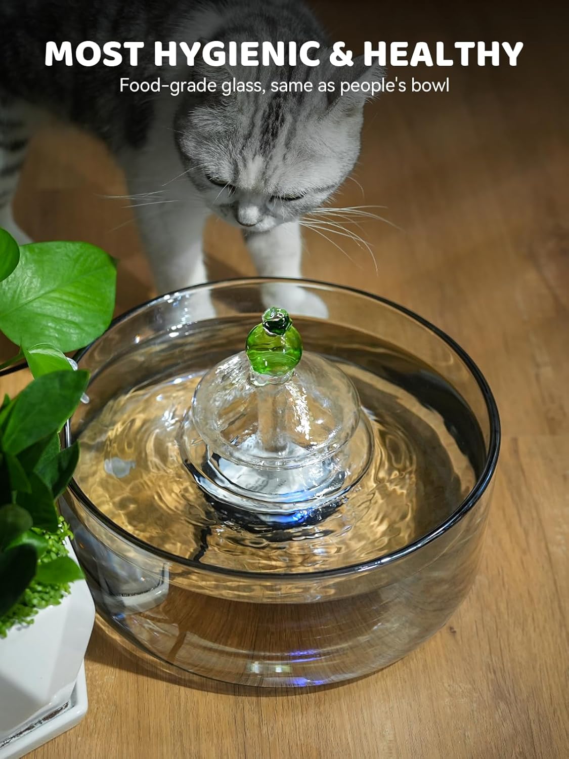 All-Glass Cat Water Fountain, 3.2L/108oz Glass Pet Fountain with LED Light, Automatic Water Dispenser for Cats (Grey)
