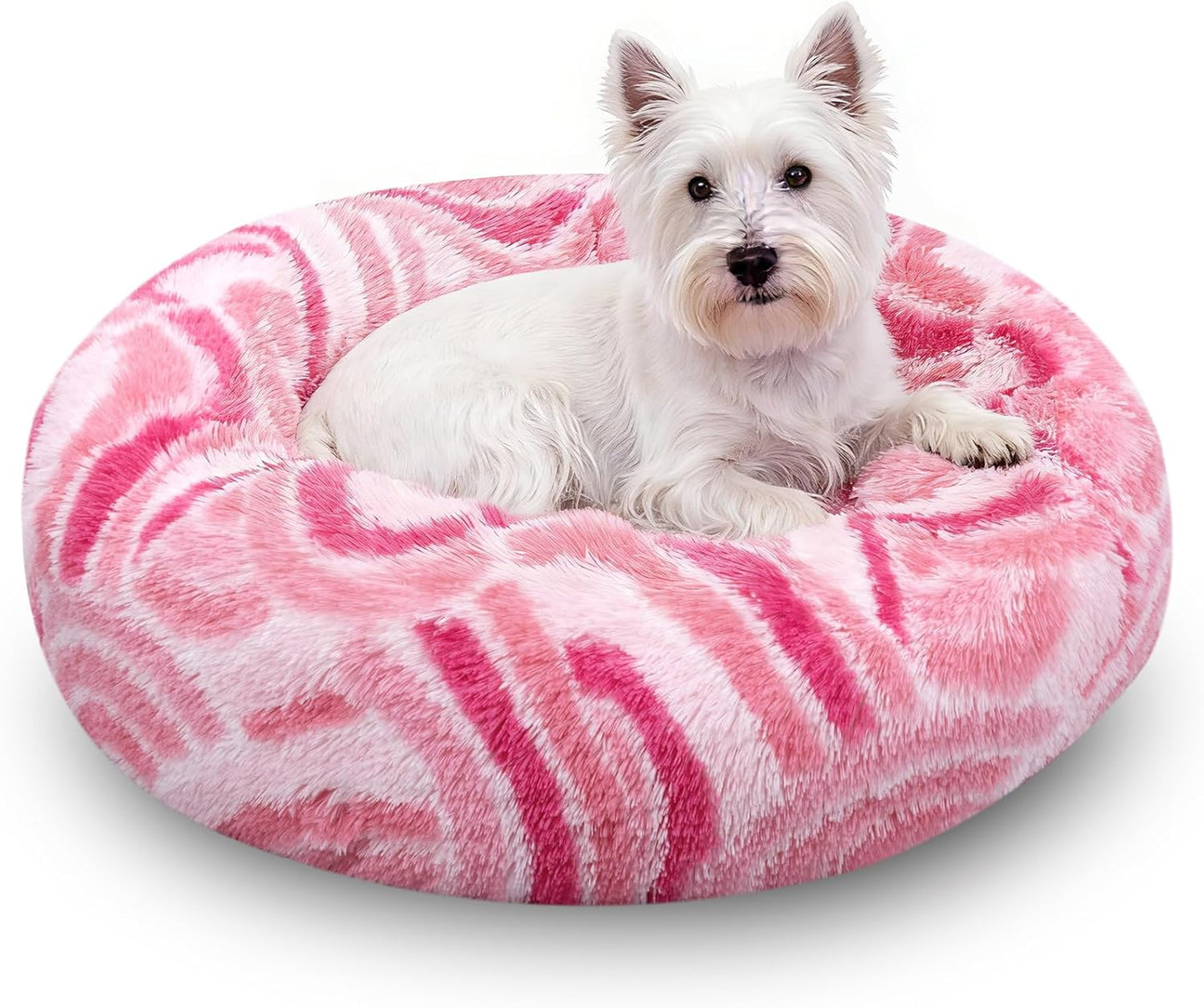Calming Donut Dog Bed for Small Dogs, Fluffy Round Sofa Burrow Bed, Orthopedic Waterproof Anti-Anxiety Pet Beds with Supportive Edge, Washable Soft Plush Cat Beds with Non-Slip Bottom