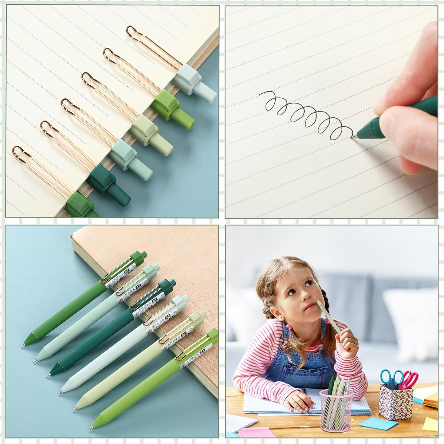 Aesthetic Stationery Set Supplies Sticky Notes Set 6 Mini Correction Tapes 6 Retractable Black Ink Pens 0.5mm Fine Point Paper Corrective Pen Self Stick Index Tabs(Green)