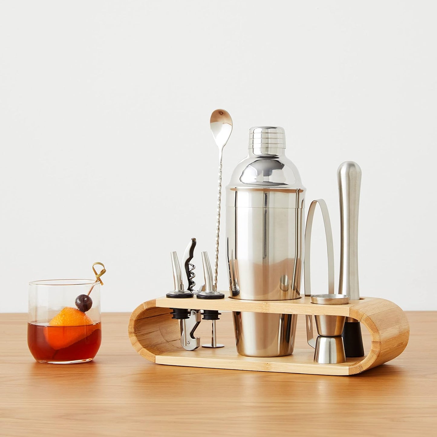 Amazon Basics 10-Piece Stainless Steel Cocktail Shaker Bar Tool Set with Bamboo Stand Holder, Home Bar Drink Mixing Accessories, Housewarming Gift