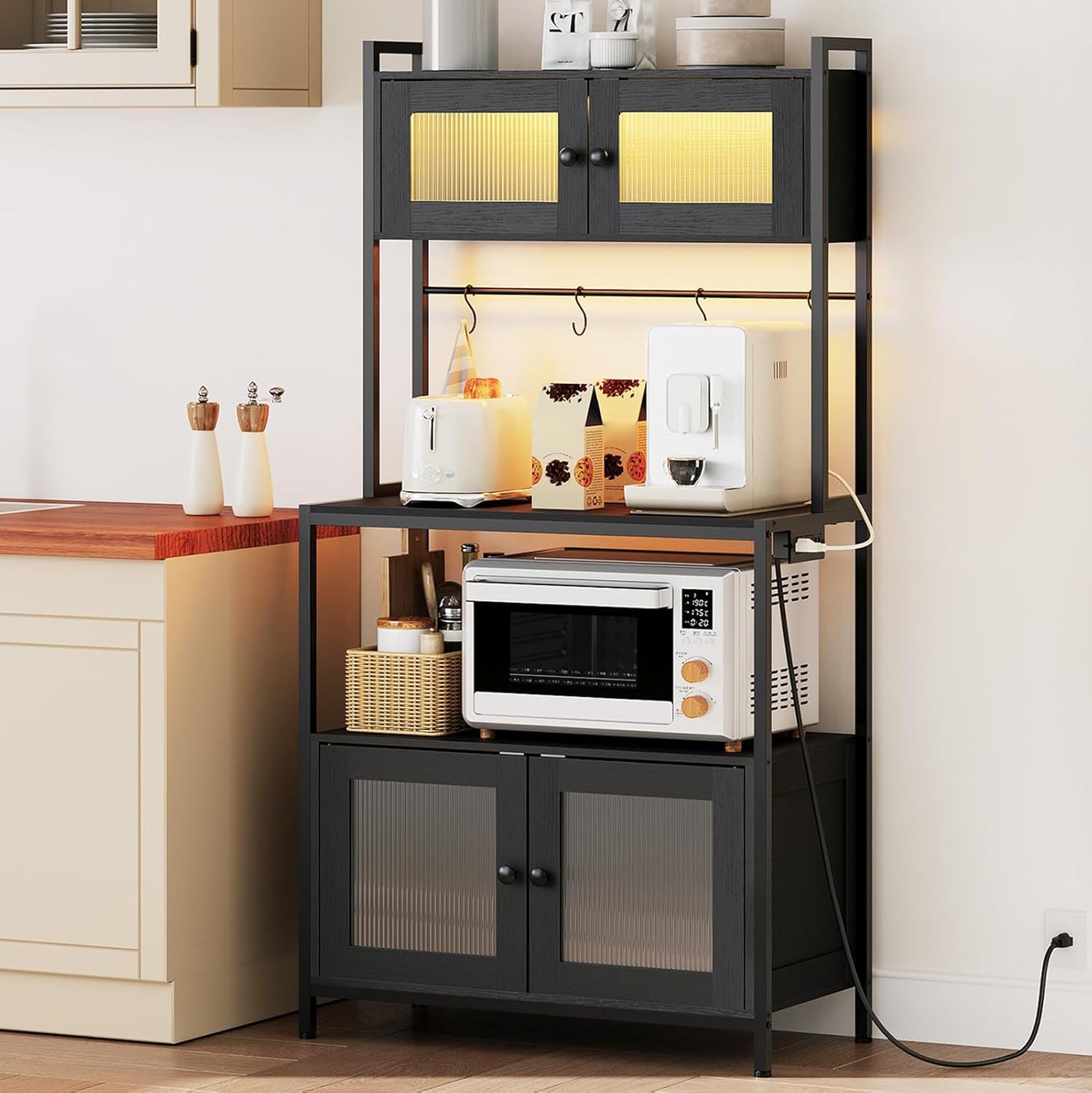 HOOBRO Bakers Rack with Storage Cabinet, 5-Tier Coffee Bar with Power Outlet and LED Lights, Industrial Microwave Oven Stand with Shelves, Kitchen Storage Shelf with Cabinet, Black BB13UDHB01