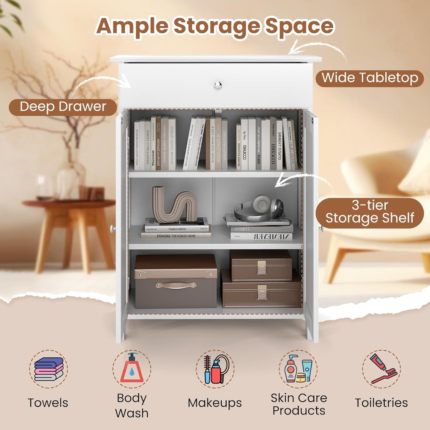 Giantex Storage Cabinet, White Bathroom Cabinet with 2 Doors, 1 Drawer, 3-Level Adjustable Shelf, Modern Wooden Storage Organizer for Laundry Room, Entryway, Living Room