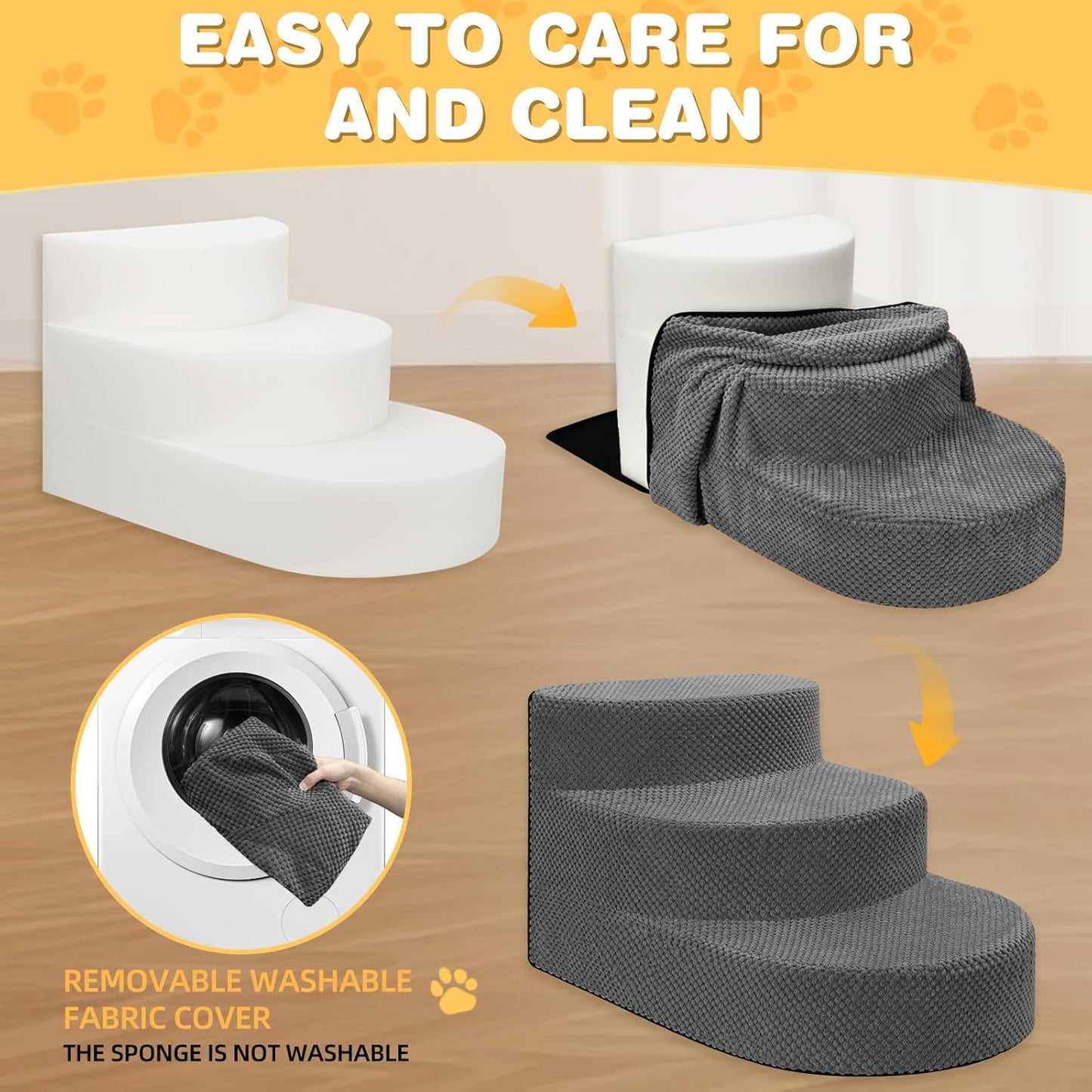 Dog Stairs for Small Dogs, Foam Steps for Small Dogs & Cats, 3 Steps Dog Ramp for High Beds, Couch, Window, Sofa, Pet Stairs with Removable Washable Cover, Non-Slip Sturdy Pet Steps, Grey